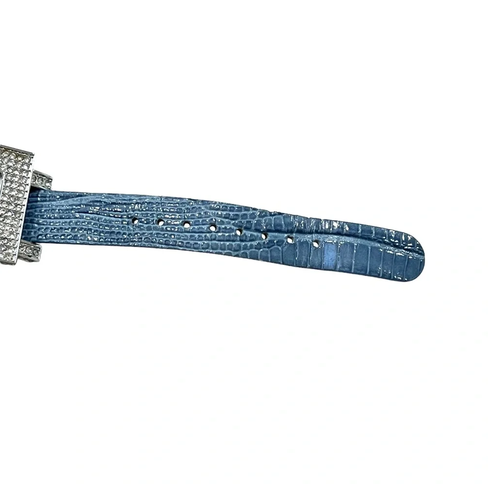 ADRIENNE LIMITED PAVE CRYSTAL ART DECO WATCH W BLUE LEATHER LIZARD PRINT BAND